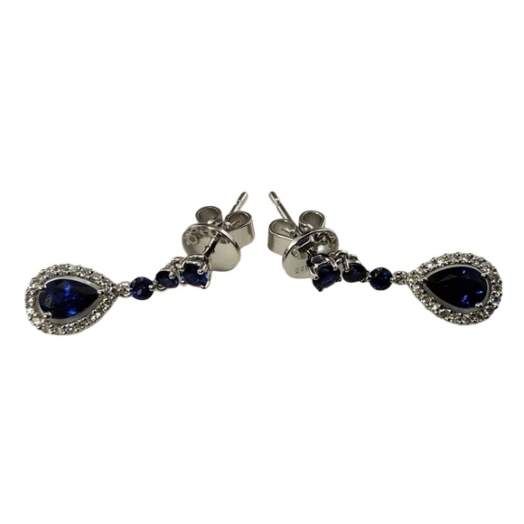 14K White Gold Sapphire and Diamond Drop Earrings JAGi Certified #15951 - Picture 1 of 8